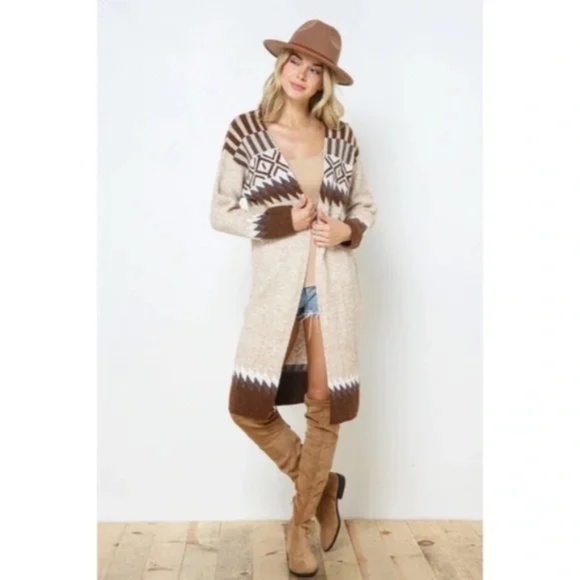 Taupe & Brown Aztec Tribal Western Boho Long Open Knit Cardigan Casual Sweater - Picture 4 of 8